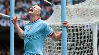 Erling Haaland of Manchester City reacts after a missed chance during the Premier League match between Manchester City and Leeds United at the Etihad Stadium on May 6, 2023 in Manchester, England.