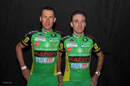 Fr&eacute;d&eacute;ric Amorison and Bert De Waele model the 2012 Landbouwkrediet-Eupohny kit