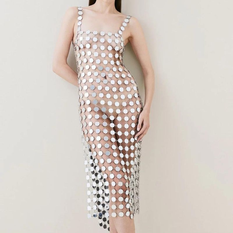 model wearing karen millen Gold Mirrored Disc Side Split Maxi Dress alternative image Gold Mirrored Disc Side Split Maxi Dress alternative image Gold Mirrored Disc Side Split Maxi Dress alternative image Gold Mirrored Disc Side Split Maxi Dress alternative image Mirrored Disc Side Split Maxi Dress in silver