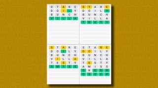 Quordle Daily Sequence answers for game 1029 on a yellow background