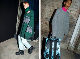 Models wear knitted jumpers and platform boots at Raf Simons S/S 2019