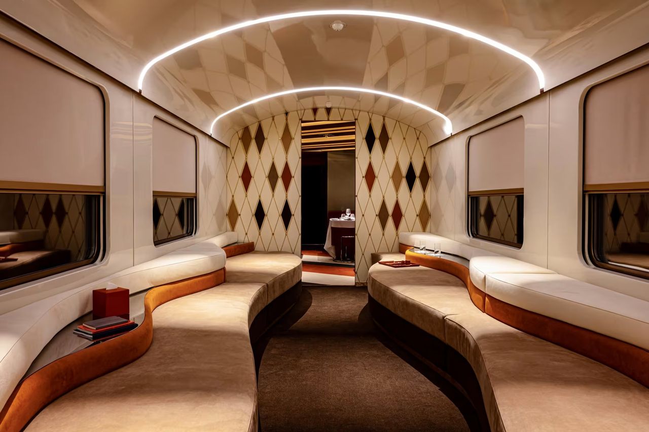 A retro-futuristic train interior.