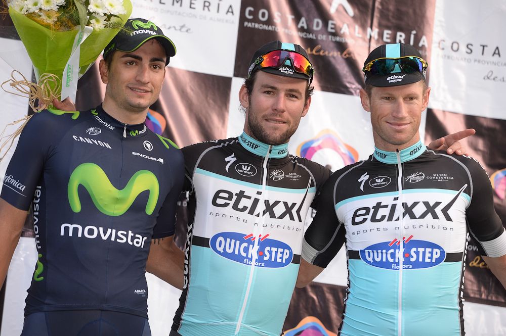 Lobato, Cavendish and Renshaw share the podium.