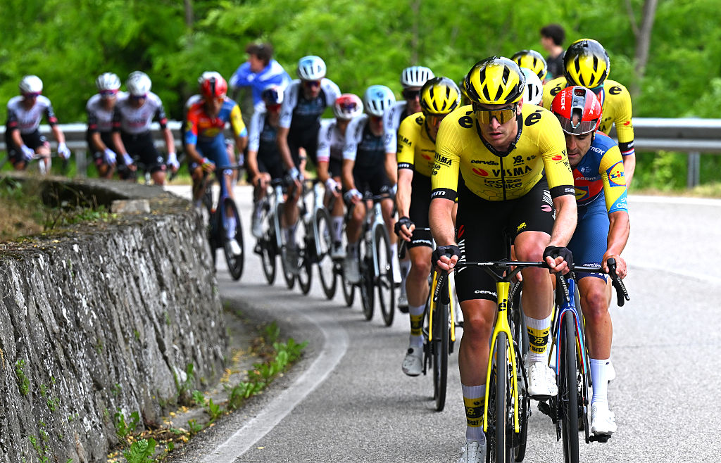 VICENZA ITALY MAY 23 Edoardo Affini of Italy and Team Visma Lease a Bike and Jacopo Mosca of Italy and Team Lidl Trek lead the peloton during the 108th Giro dItalia 2025 Stage 13 a 180km stage from Rovigo to Vicenza UCIWT on May 23 2025 in Vicenza Italy Photo by Tim de WaeleGetty Images