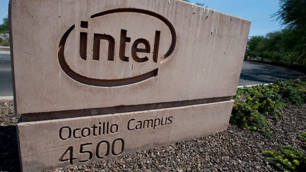 A close up photo of a concrete sign with the Intel logo displayed above the words &amp;#039;Ocotillo Campus&amp;#039;