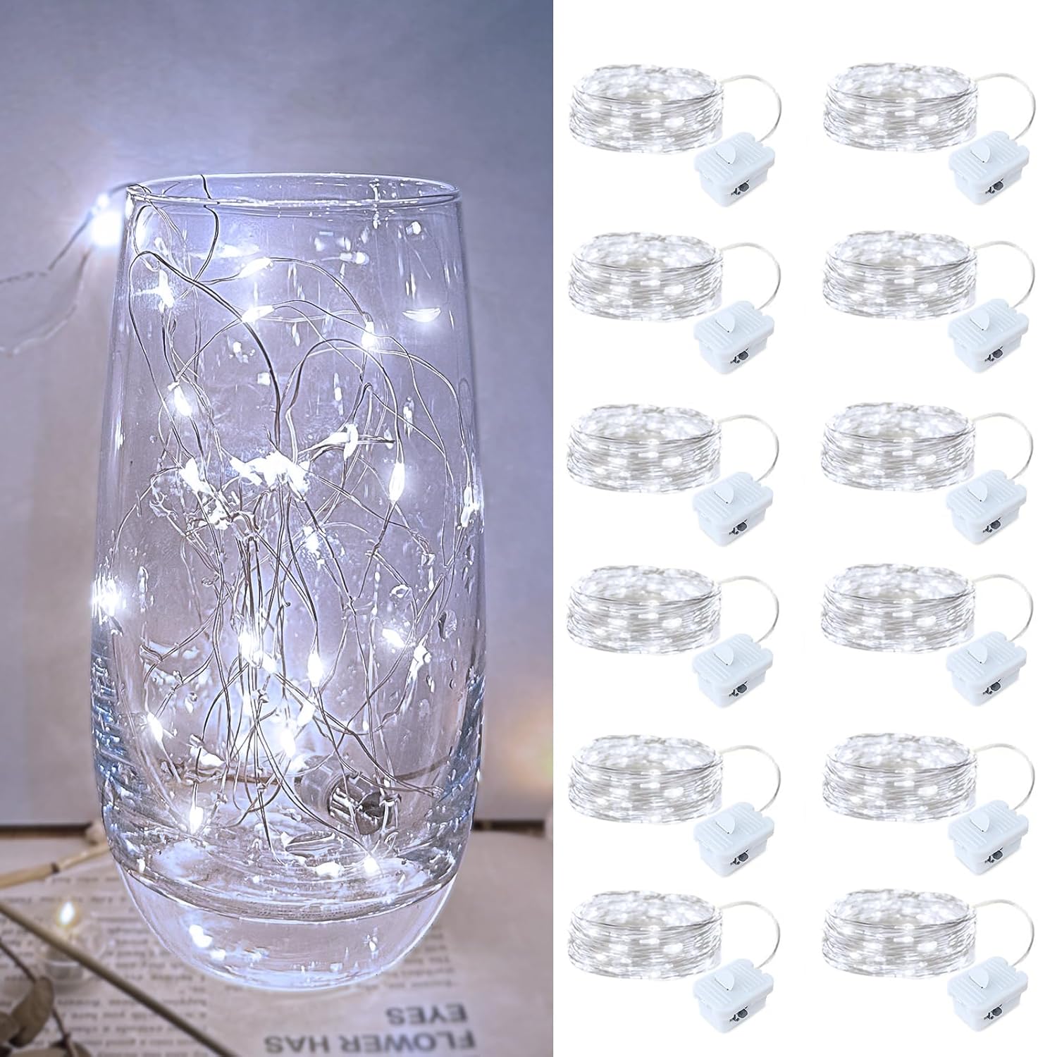 12 Pack Led Fairy Lights - White, Battery Operated Led Silver Wire String Lights, 7ft 20led Mini Firefly Starry String Lights Waterproof Led Twinkle Lights for Mason Jar Diy Christmas Decor