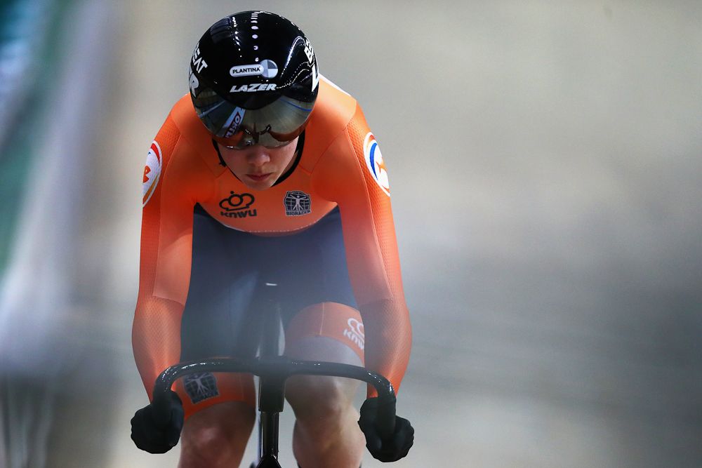 Laurine van Riessen of the Netherlands competes in the Women's Sprint Qualifying on day two of the UCI Track Cycling World Championships