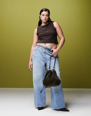 Asos Design Curve Wide Leg Dad Jeans in Mid Blue