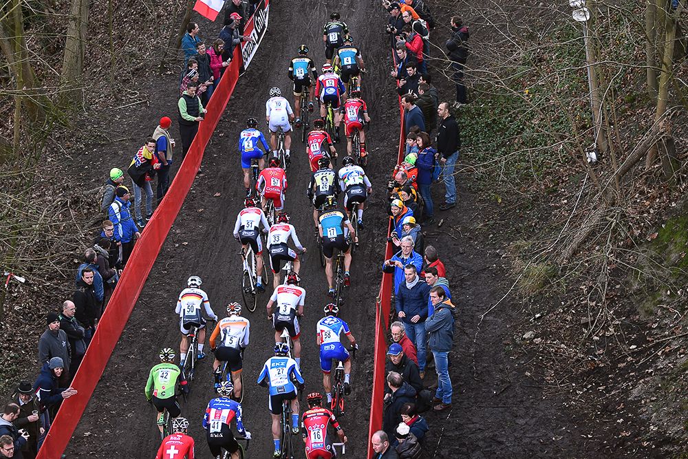 Riders take on the big climb in Namur.