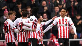 Jobe Bellingham is congratulated by his Sunderland team-mates after scoring against old club Birmingham in November 2023.