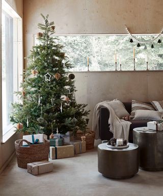 Rustic, natural christmas tree with simple decorations