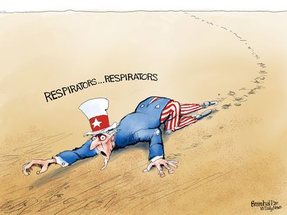 Political Cartoon U.S. Uncle Sam needs respirators
