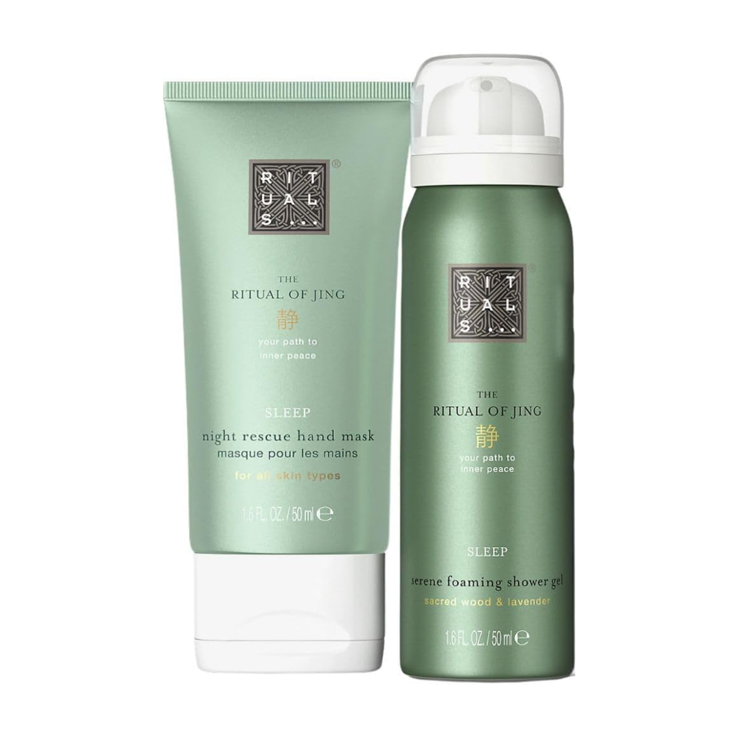 A green set including a hand mask and a foaming shower gel