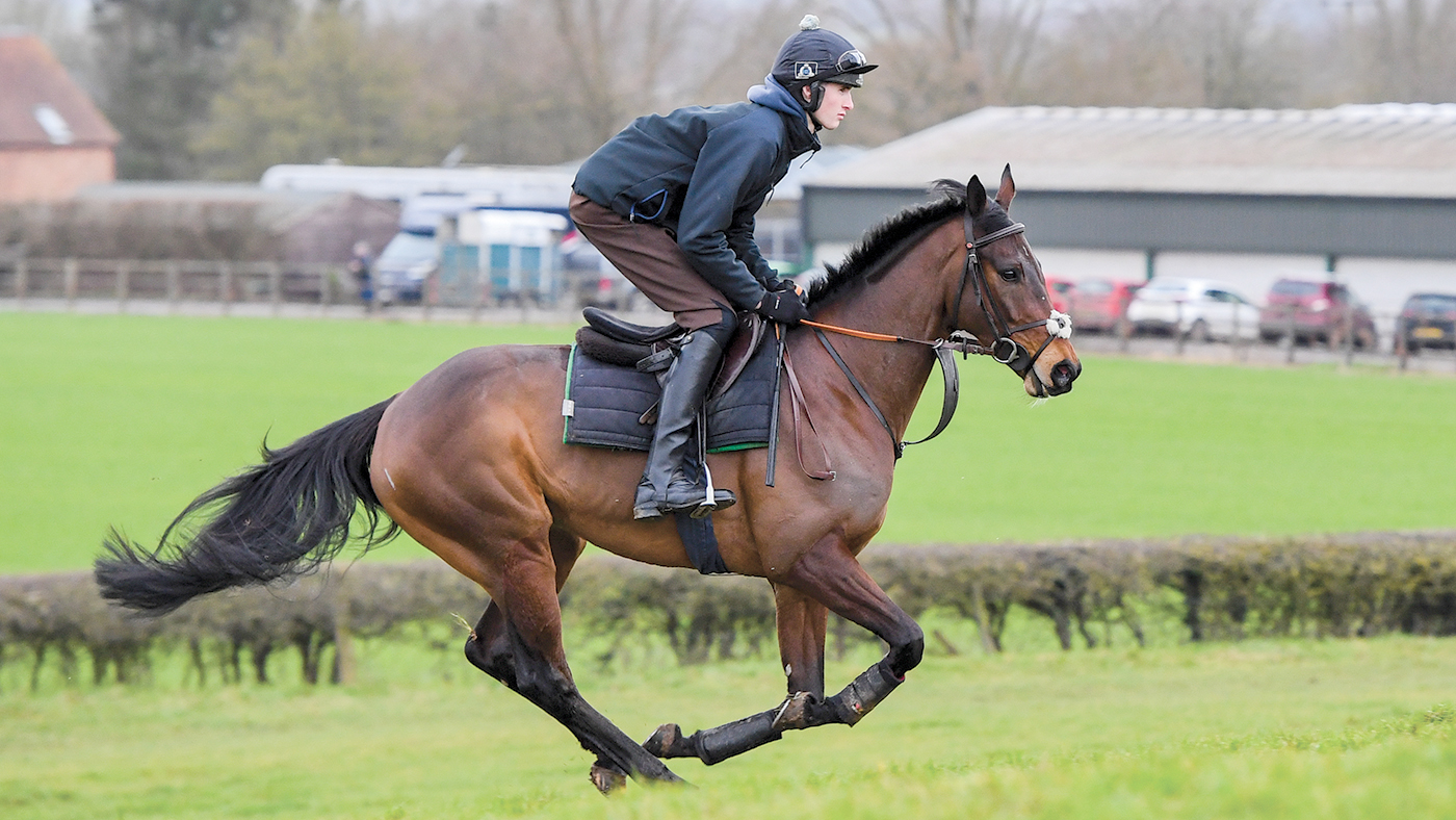 Jack Andrews riding Fumet D'Oudairies during morning exercise at G&amp;amp;T Racing near Marton in Warwickshire in the UK on 20th February 2021