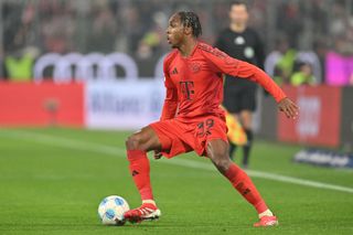 MUNICH, GERMANY - JANUARY 15: Mathys Tel of FC Bayern München plays the ball during the Bundesliga match between FC Bayern München and TSG 1899 Hoffenheim at Allianz Arena on January 15, 2025 in Munich, Germany. (Photo by Sebastian Widmann/Getty Images) Arsenal target