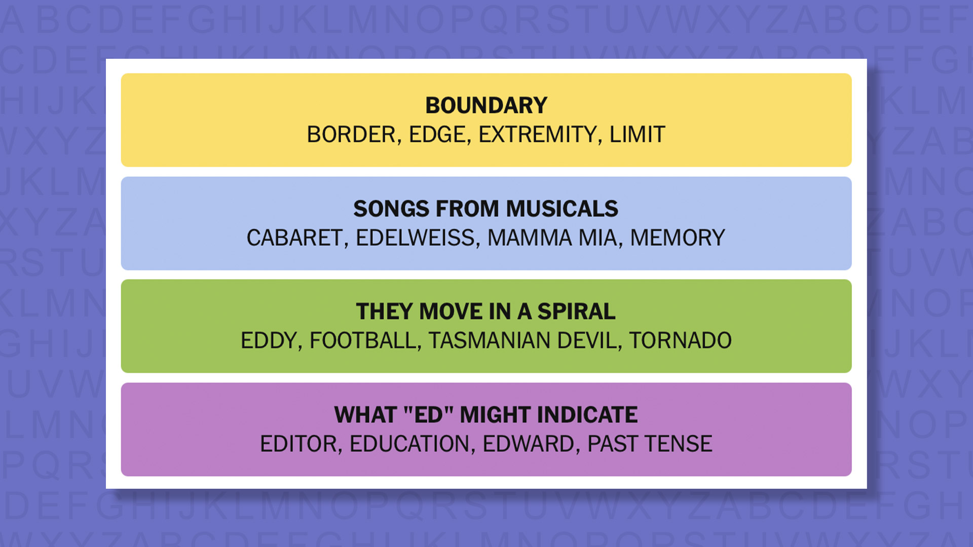 NYT Connections answers for game 845 on a purple background