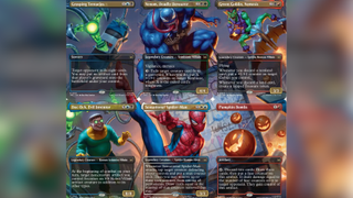 Six MTG Marvel Spider-Man cards that join together to make a complete scene. From left to right: Grasping Tentacles, Venom, Green Goblin, Doc Ock, Spider-Man, and Goblin Bombs.