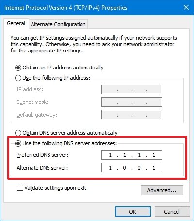 Change preferred and alternate DNS addresses