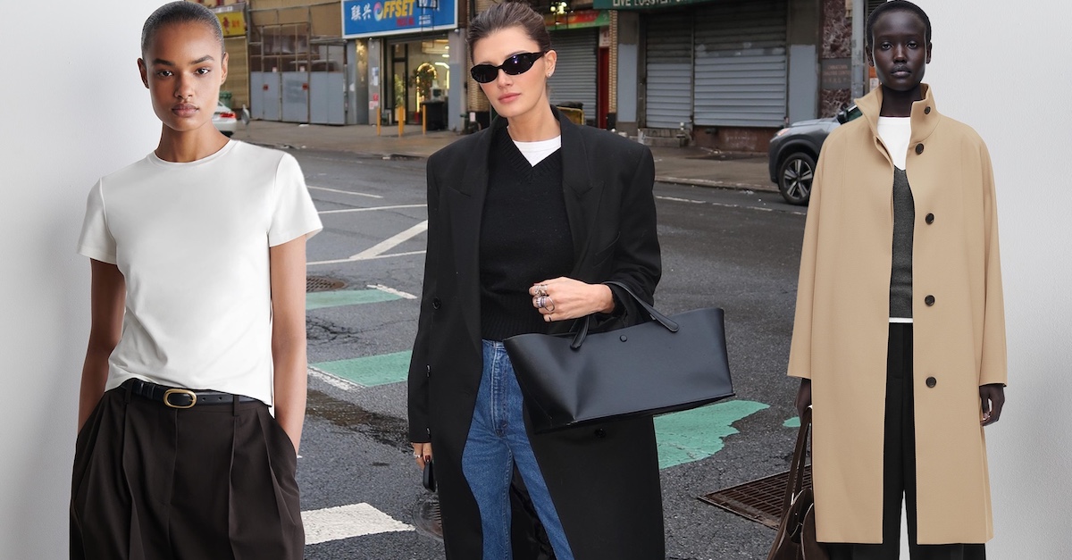 fashion collage featuring model shots of COS models and style influencer Coco Schiffer wearing minimalist outfit ideas including white T-shirts, a black coat, trench coat, jeans, black bag, and trousers