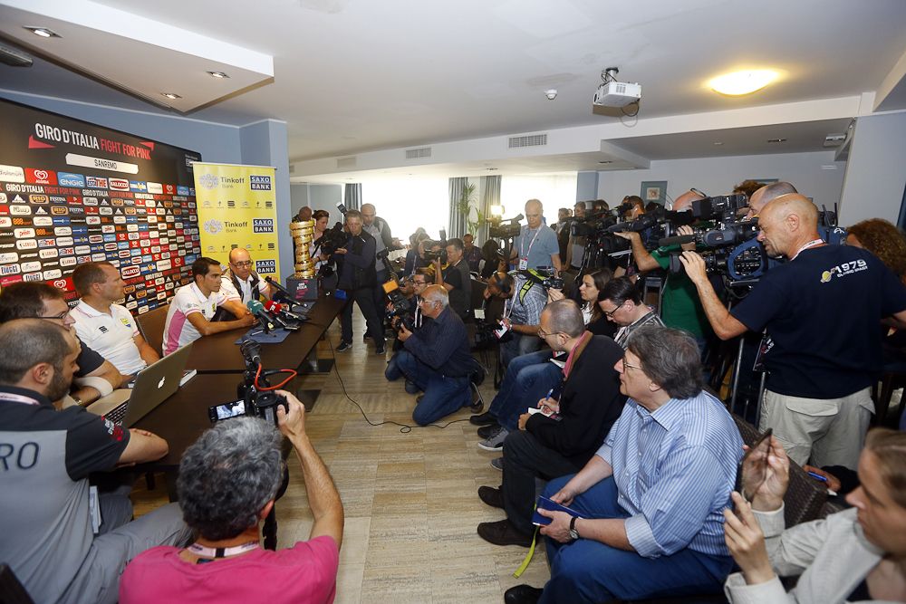 Spanish rider Alberto Contador gives a press conference on the eve of the start of the 98th Giro d'Italia, Tour of Italy cycling race, on May 8, 2015 in San Lorenzo al Mare.