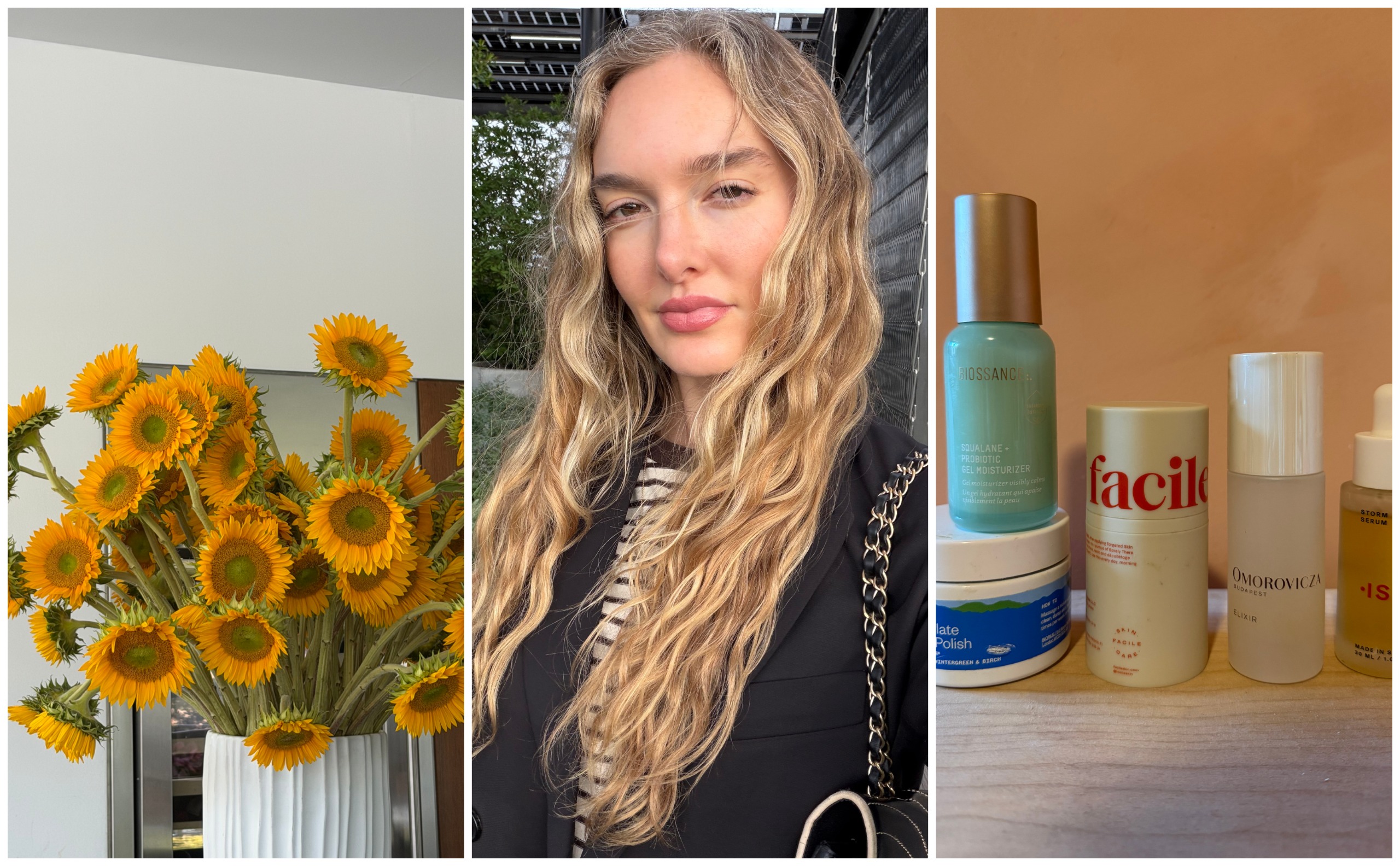 a woman outside with long blonde wavy hair next to yellow sunflowers and a bunch of skincare products