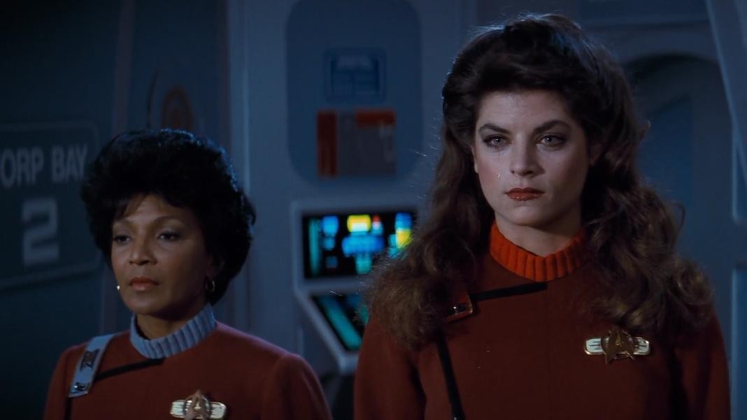 Still from the movie Star Trek II: The Wrath of Khan. Saavik (a Vulcan played by Kirstie Alley) has a single tear rolling down her face.