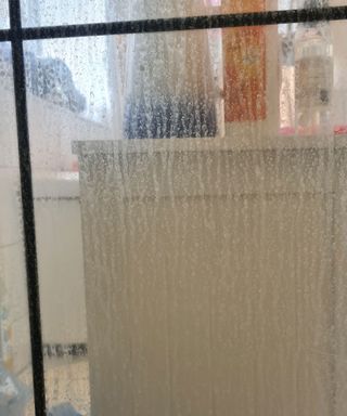 a dirty, streaked shower screen with limescale water marks