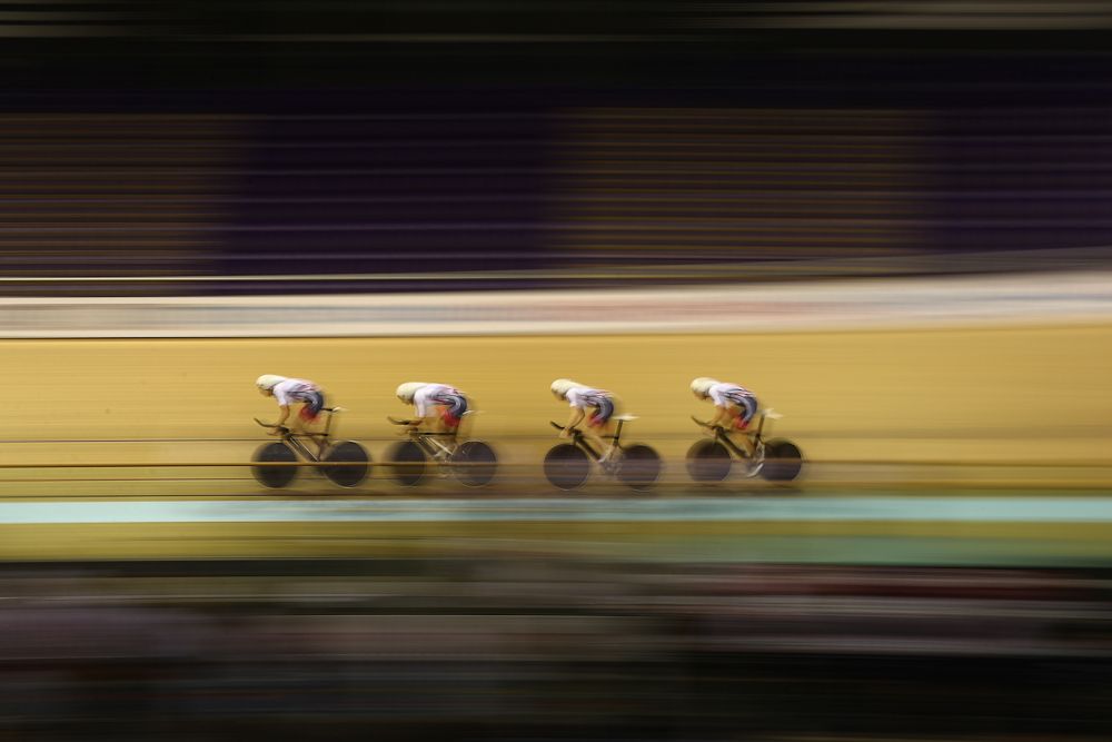 The Great Britain team of Oliver Wood, Andrew Tennant, Kian Emadi-Coffin and Mark Stewart in action during the Men's Team Pursuit