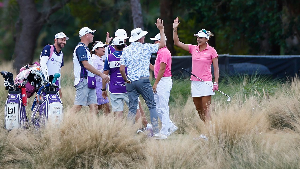 Lexi Thompson high-fives Joel Dahmen after recording an Ace at the 2023 Grant Thornton Invitational