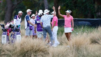 Lexi Thompson high-fives Joel Dahmen after recording an Ace at the 2023 Grant Thornton Invitational