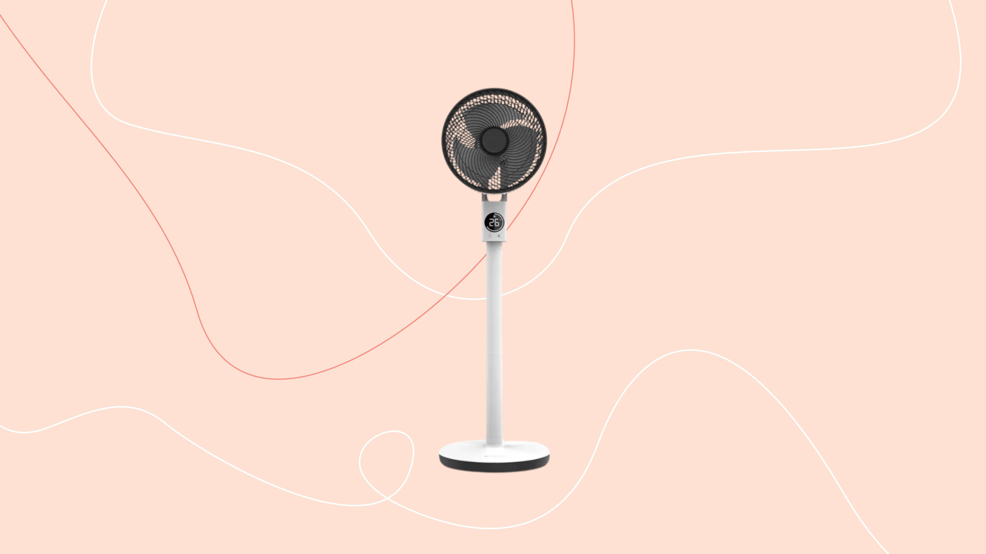 meaco pedestal fan on pink graphic background