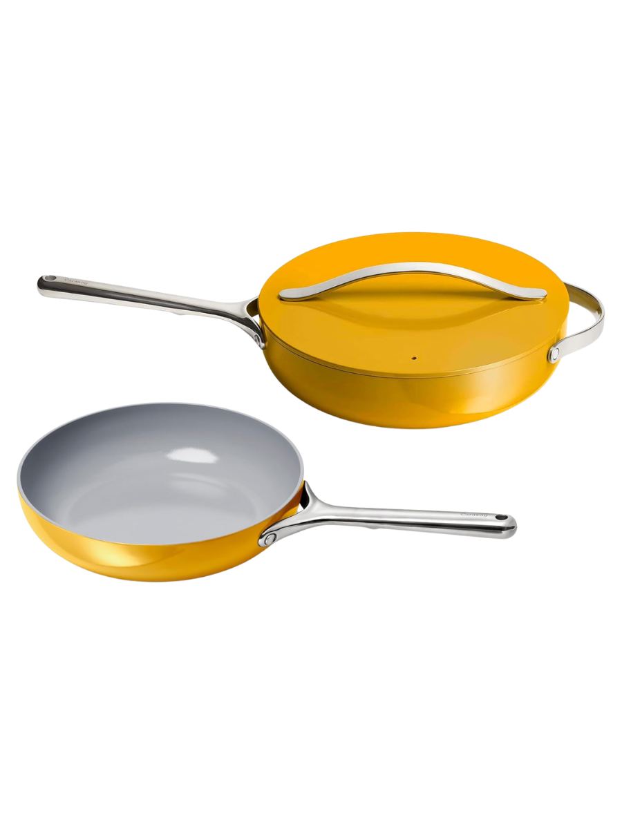 Caraway Fry Pan and Sauté Pan Duo - 10.5” Ceramic Frying Pan and 12” Deep Sauté Pan With Lid - Non Stick, Non Toxic, Oven Safe - Marigold
