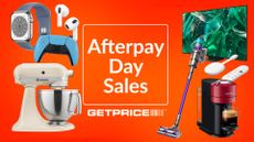 A range of tech and small appliances arranged on a red background. Text in the middle reads ‘Afterpay Day sales’.