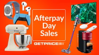 A range of tech and small appliances arranged on a red background. Text in the middle reads ‘Afterpay Day sales’.