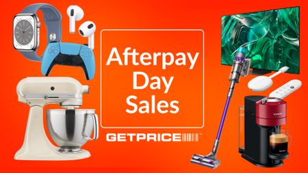 A range of tech and small appliances arranged on a red background. Text in the middle reads &lsquo;Afterpay Day sales&rsquo;.