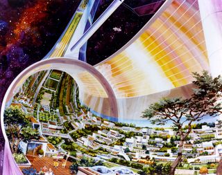 Stanford Torus cutaway view. A retro-futuristic view of how humans might live in space