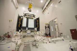 The first two Galileo Full Operational Capability satellites (SAT 5-6) during preparations inside the S5A building, before fuelling operations, on July 30, 2014. The satellites were launched into the wrong orbit by their Soyuz rocket on Aug. 22, 2014.