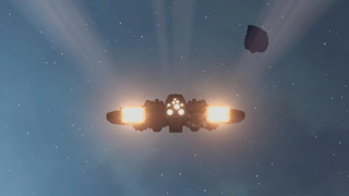 An image of a ship soaring through the depths of space in Starfield, with its trusty pet rock by its side.