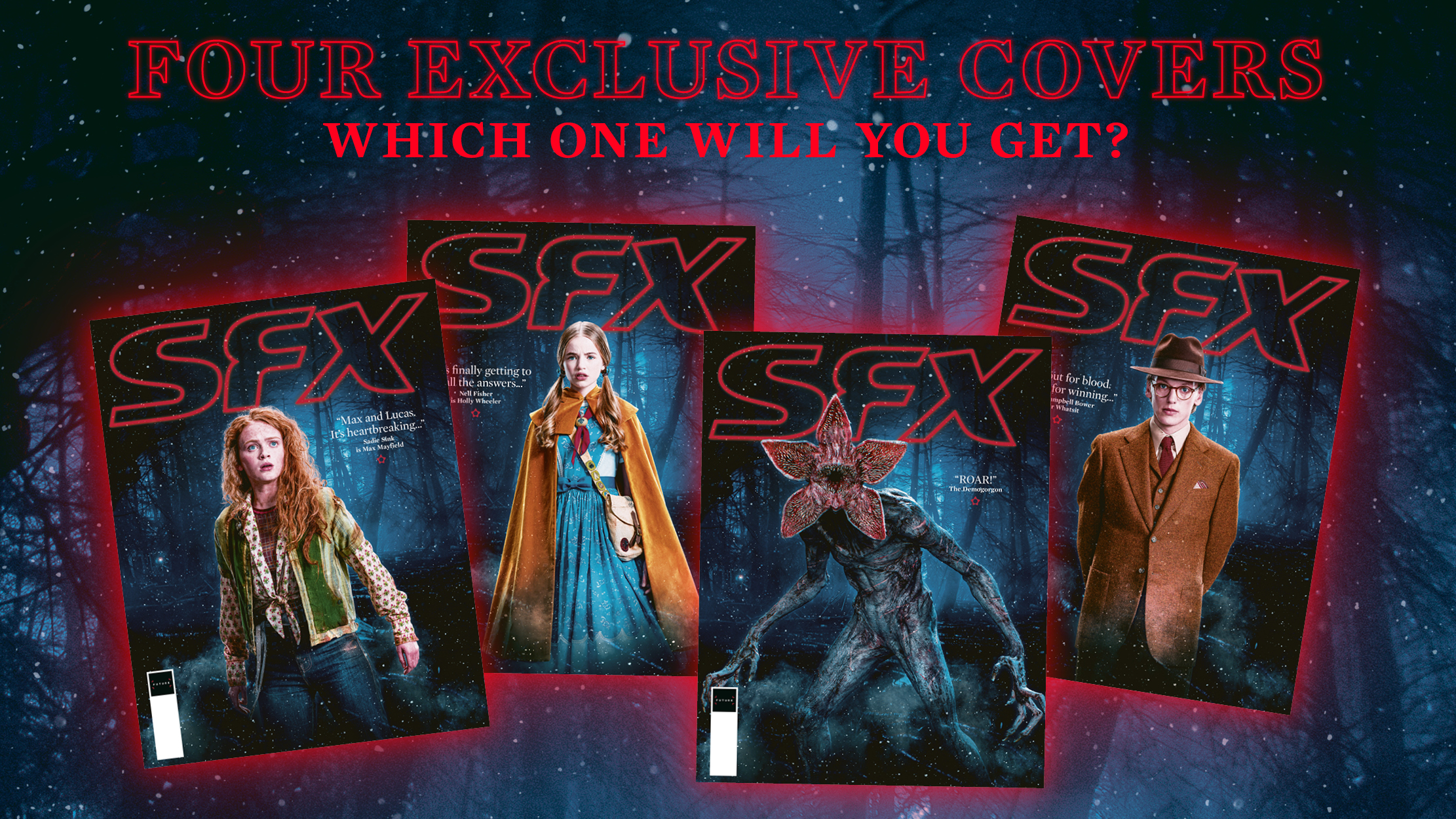 The four different Stranger Things covers of SFX issue 399.