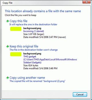 An enhanced dialog box now appears when you try to overwrite a file. Vista will let you rename the original file.