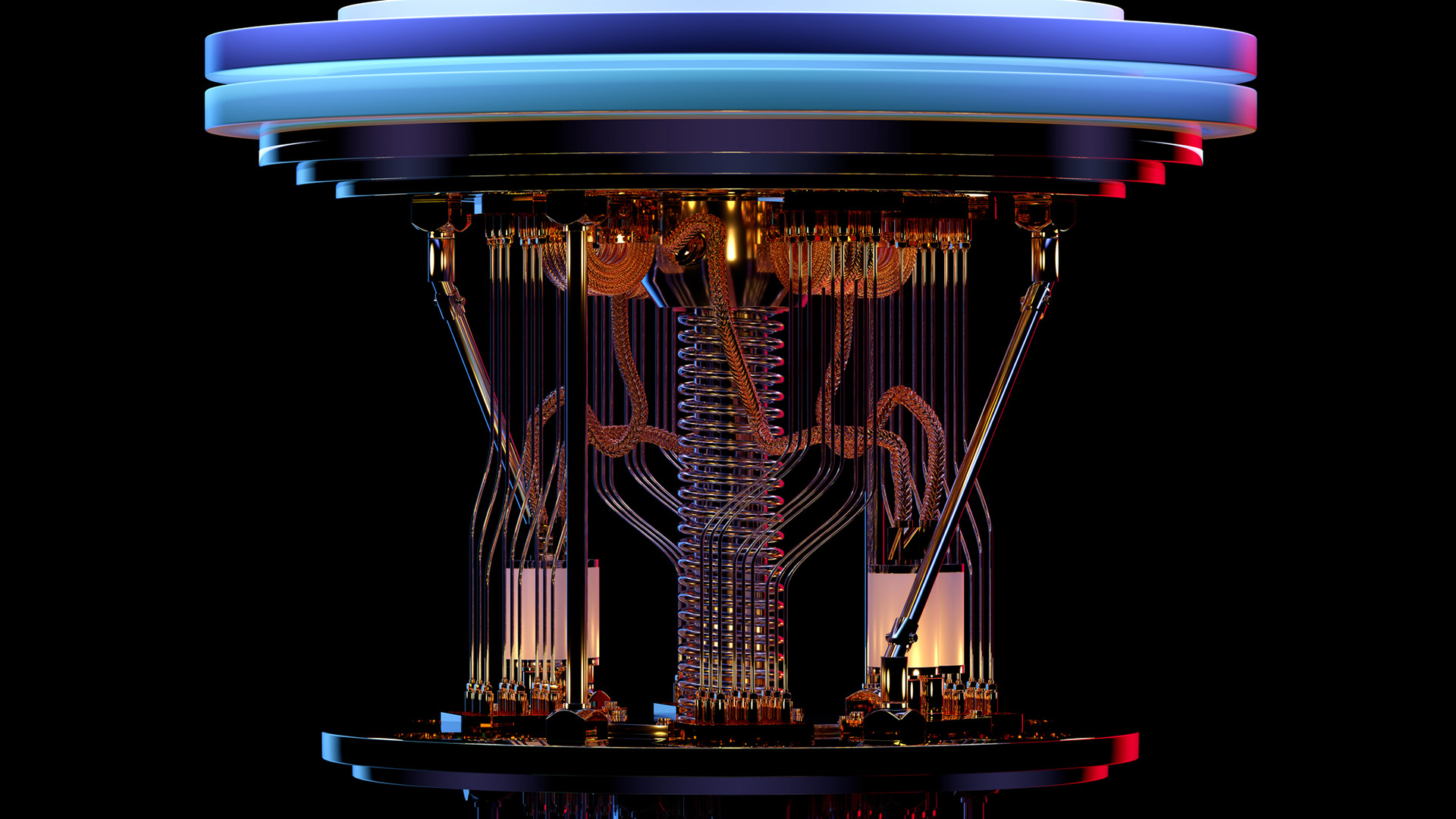 A photo of a quantum computer model, with intricate wiring and glass pipework on a black background.
