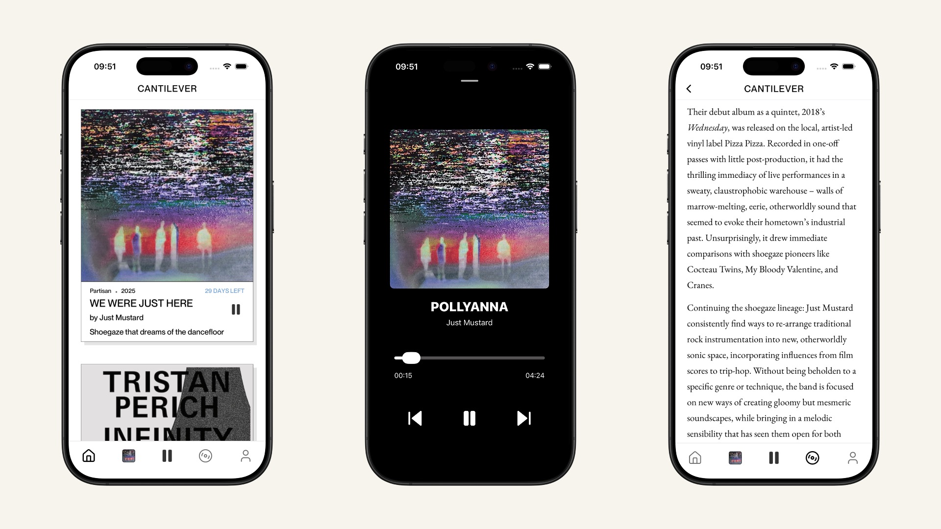 Three phones side by side showing the Cantilever music app on screen.