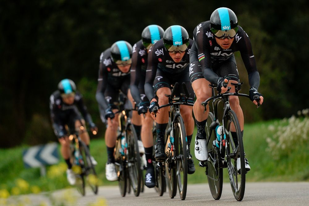 Team Sky en route to the finish during stage 2 at Volta a Catalunya