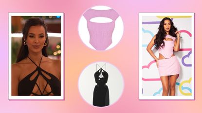 Maya Jama's Love Island outfits: Maya pictured in a black dress and pink co ord alongside product shots from Monot and House of cb / in a pink, purple and orange template
