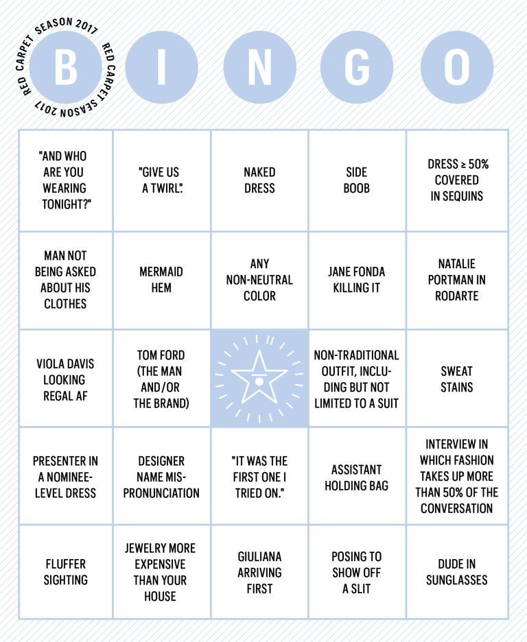 Awards Show Drinking Games - Red Carpet 2017 Bingo | Marie Claire