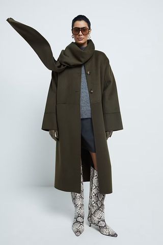 River Island Khaki Premium Wool Blend Scarf Coat