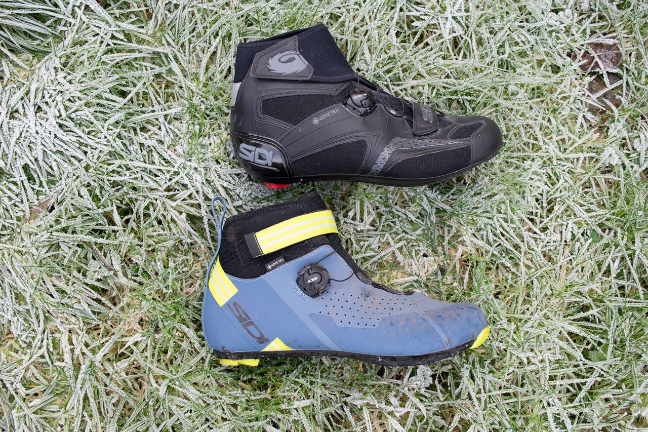 A blue Sidi Nix winter boot on frosty grass