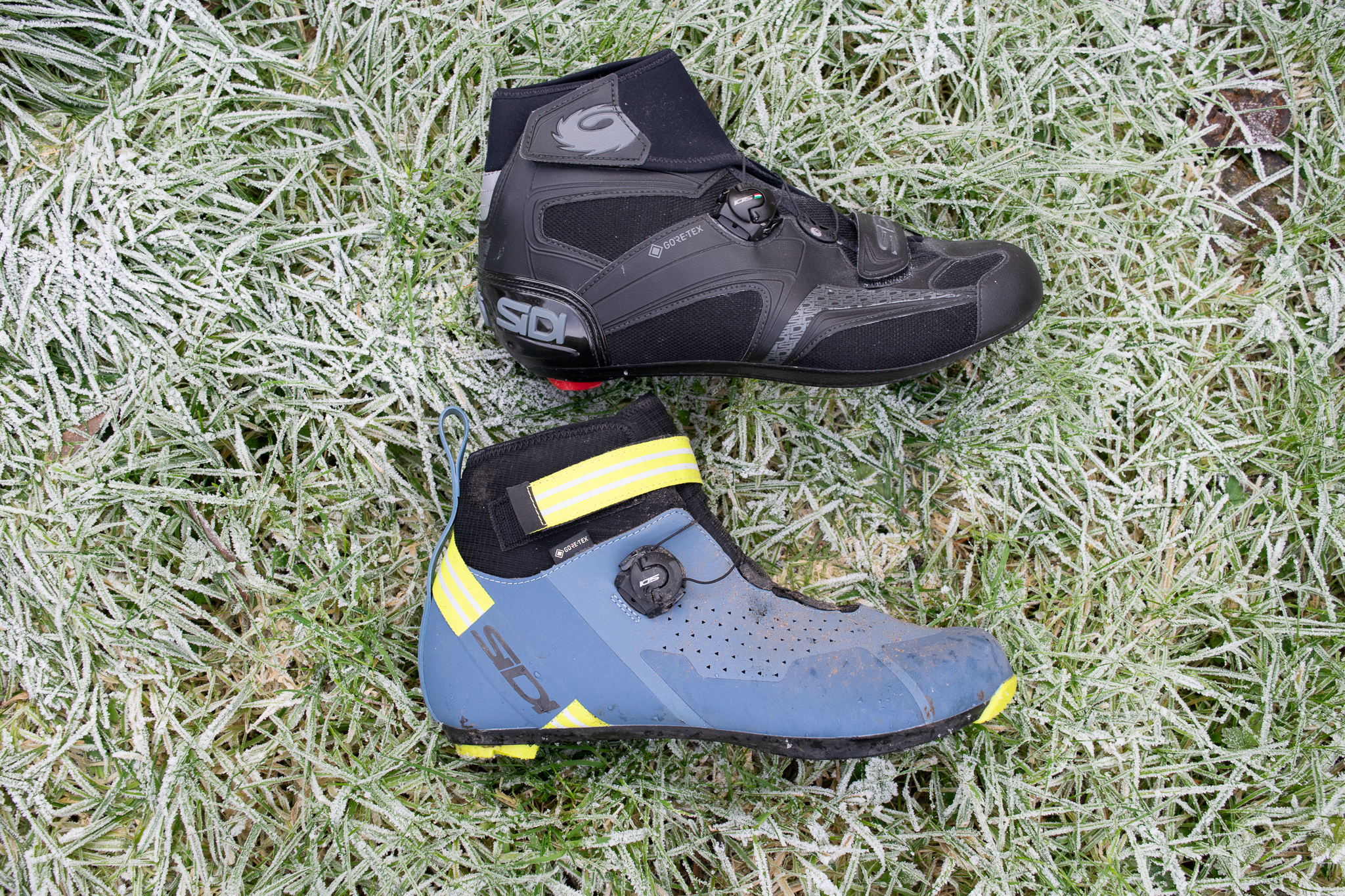 A blue Sidi Nix winter boot on frosty grass 