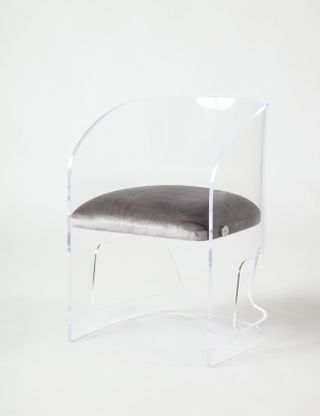 Lucite chair with grey velvet seat