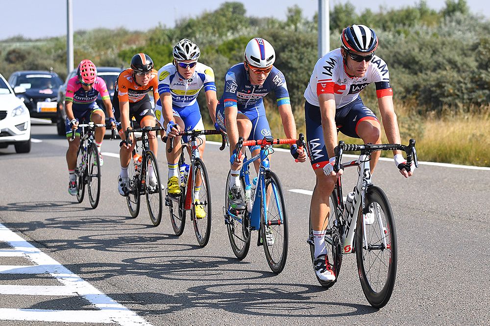 Eneco Tour stage 3 breakaway: Martin Elmiger (IAM Cycling), Jesper Asselman (Roompot), Mark McNally (Wanty Groupe Gobert), Stijn Steels (Topsport Vlaanderen-Baloise), and Yukiya Arashiro (Lampre Merida)
